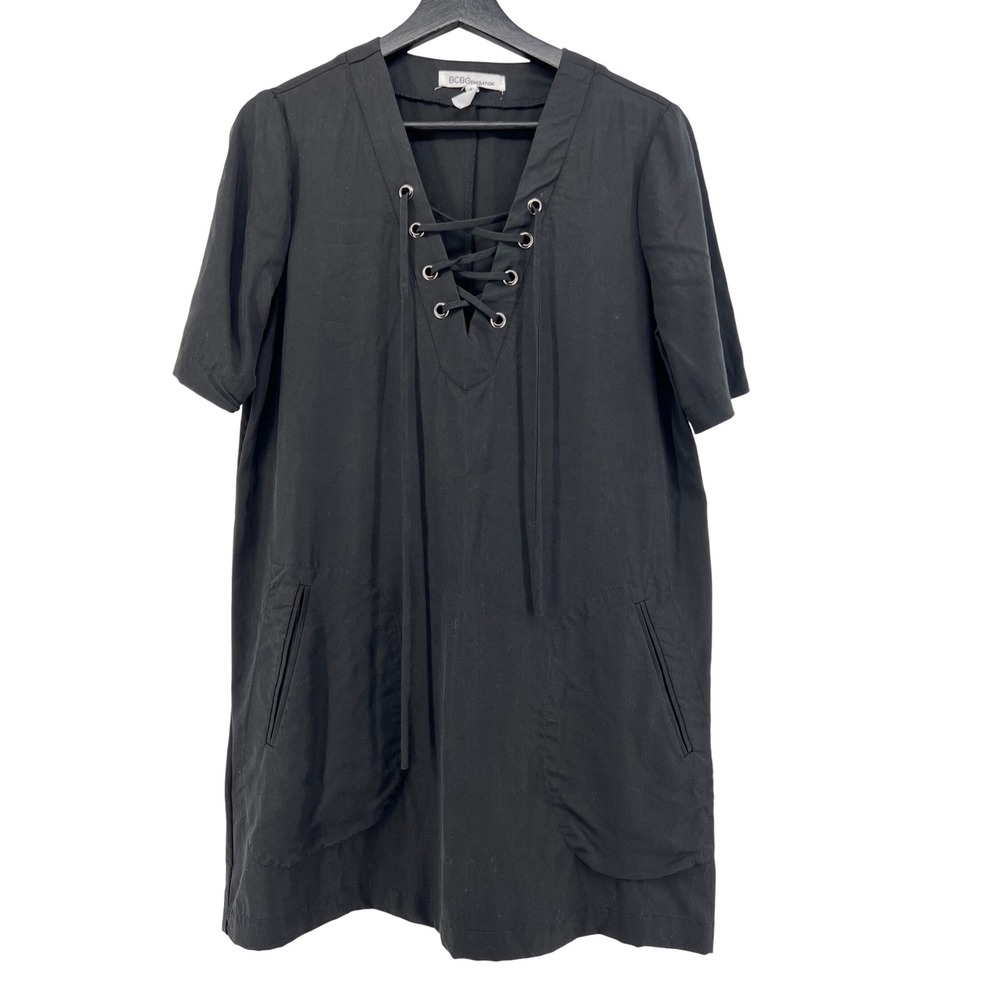 BCBGeneration Black Short Sleeve Lace Up V Neck Mini Dress